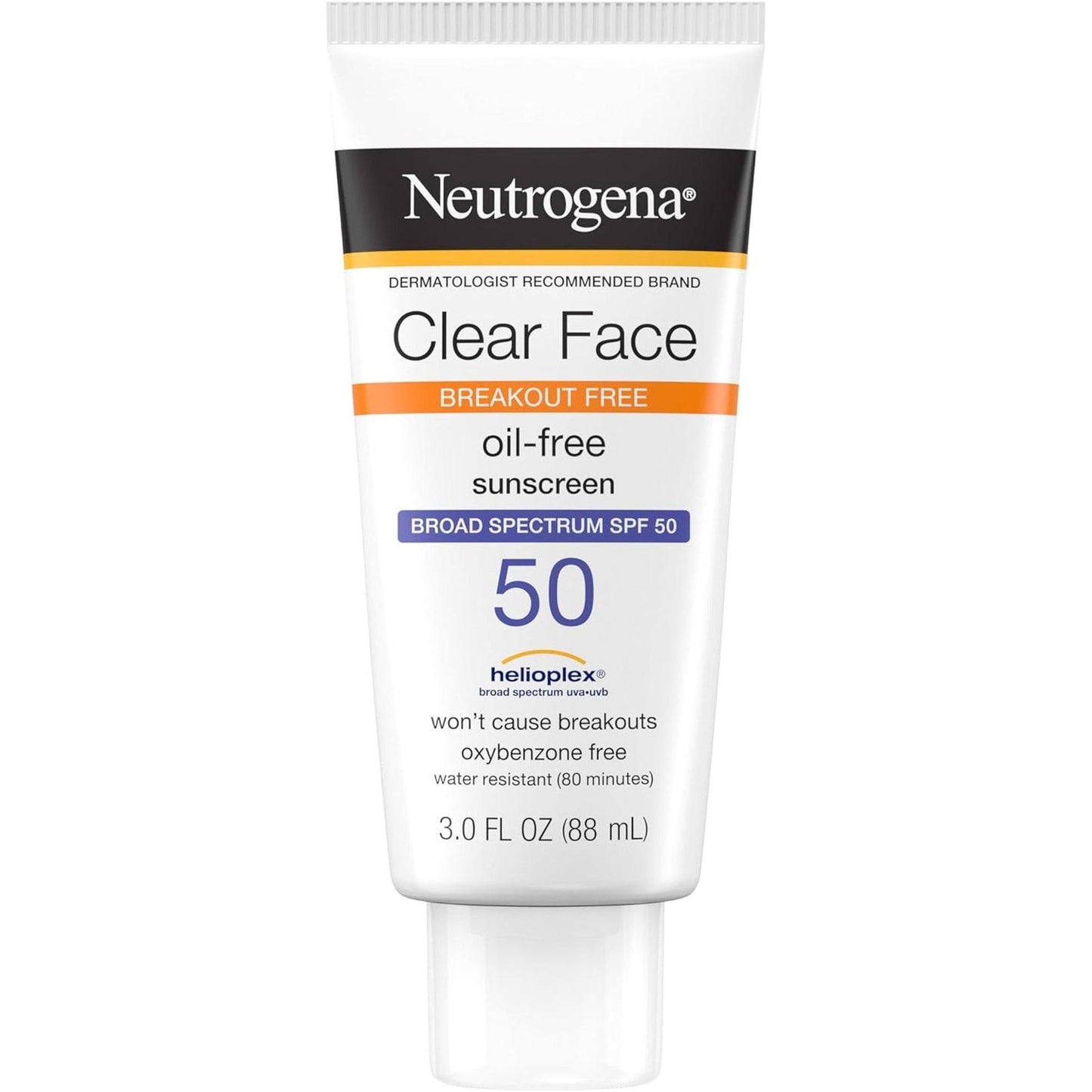 Clear Face Liquid Lotion Sunscreen for Acne-Prone Skin, Broad Spectrum SPF 50 UVA/UVB Protection, Fragrance & Oxybenzone Free Facial, Non-Comedogenic, Unscented, 3 Fl Oz