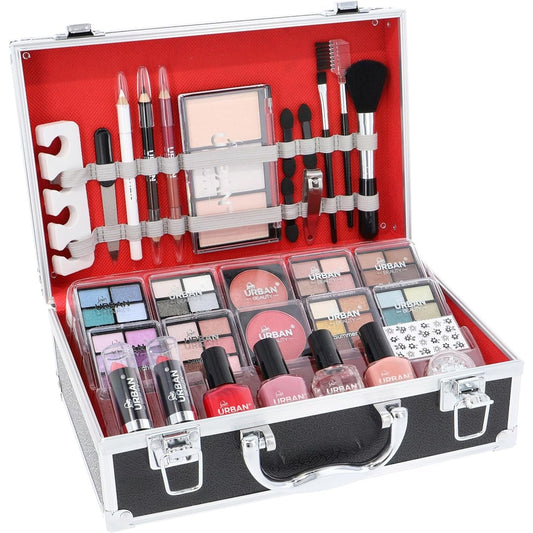 Divine Beauty Vegan French Manicure Makeup Box – 76-Piece Makeup Sets – Includes Eyeshadows, Highlighter, Lipstick, Blush, Brushes, Manicure Accessories – Ideal Vanity Case for Home