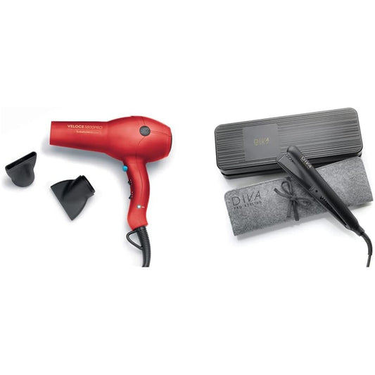 Veloce 3800 Pro Dryer, Red - 2200W Professional Hairdryer with Ionic Conditioning, EDT108 & Digital Straightener and Styler Onyx