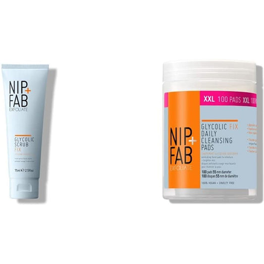 Glycolic Acid Fix Face Scrub with Salicylic Acid | AHA/BHA Exfoliating Facial Cleanser Polish | 75 Ml & Daily Cleansing Pads | 100 Pads XXL