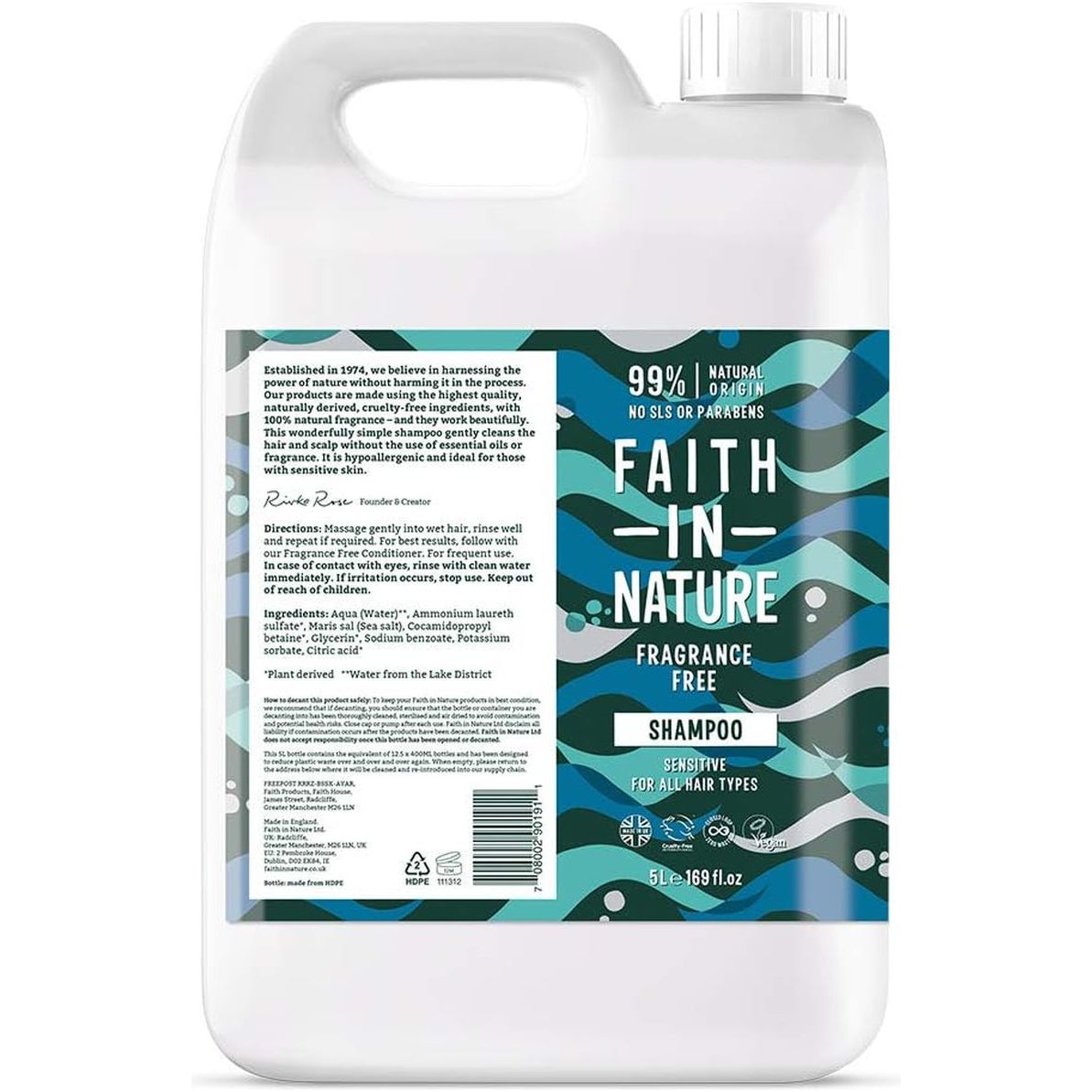 Natural Fragrance Free Shampoo, Sensitive, Vegan and Cruelty Free, No SLS or Parabens, for All Hair Type, 5L Refill Pack