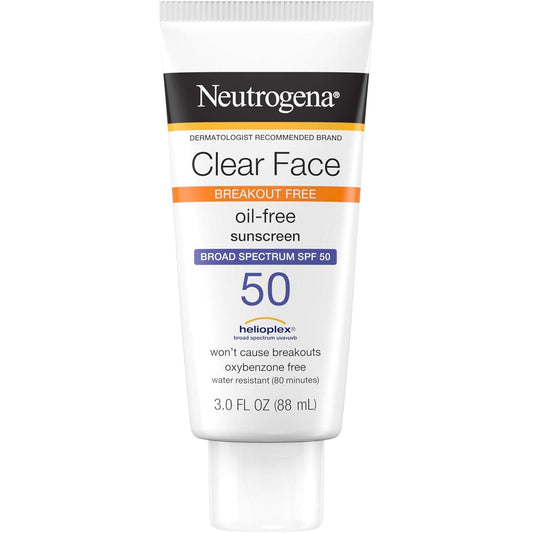 Clear Face Liquid Lotion Sunscreen for Acne-Prone Skin, Broad Spectrum SPF 50 UVA/UVB Protection, Fragrance & Oxybenzone Free Facial, Non-Comedogenic, Unscented, 3 Fl Oz