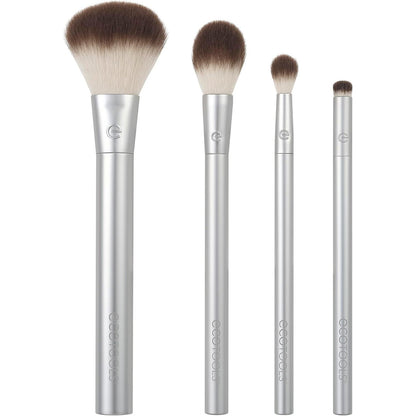 Precious Metals Cheek & Eye Highlight Makeup Brush Kit, for Eyeshadow, Blush, & Powder Products, Eco Friendly, Vegan, Cruelty Free Face Brushes, Recycled Aluminum, Chrome, 4 Piece Set