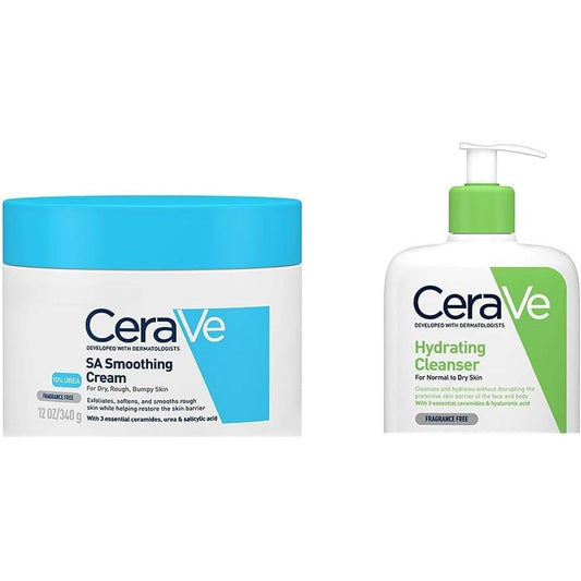 SA Smoothing Cream for Rough and Bumpy Skin 340G & Hydrating Cleanser for Normal to Dry Skin 473Ml with Hyaluronic Acid & 3 Essential Ceramides