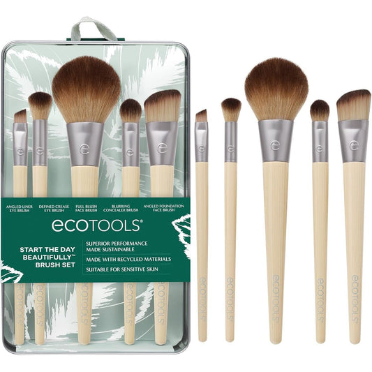 6 Piece Start the Day Beautifully Makeup Brush Set, Makeup Brushes for Eyeshadow, Blush, Concealer, & Foundation Application, Eco-Friendly, Synthetic Hair, Vegan & Cruelty-Free