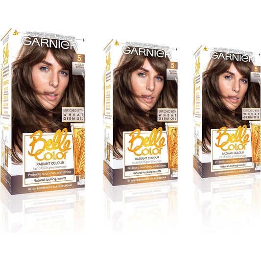 Belle Color Brown Hair Dye Permanent, Natural Looking Hair Colour, up to 100% Grey Coverage - 5 Natural Brown Pack of 3