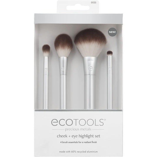Precious Metals Cheek & Eye Highlight Makeup Brush Kit, for Eyeshadow, Blush, & Powder Products, Eco Friendly, Vegan, Cruelty Free Face Brushes, Recycled Aluminum, Chrome, 4 Piece Set