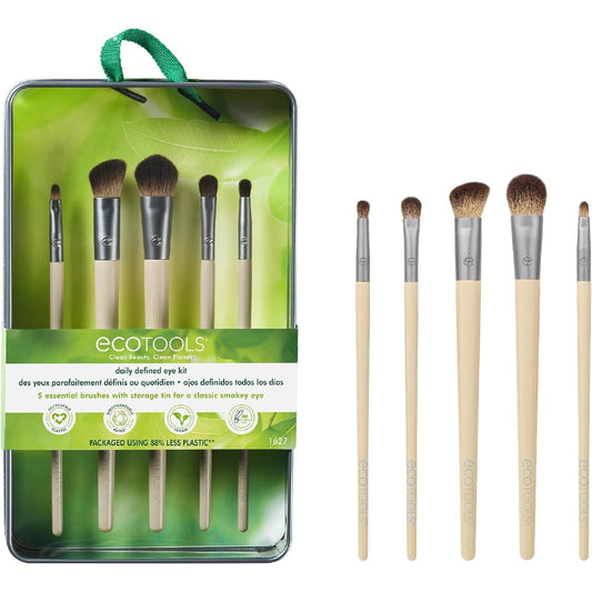 Daily Defined Eye Brush Kit + Storage Tray, Eco-Friendly Makeup Brushes for Liquid, Powder, & Cream Eyeshadow & Eyeliner Application, Synthetic Hair, Vegan and Cruelty Free, 5 Piece Set